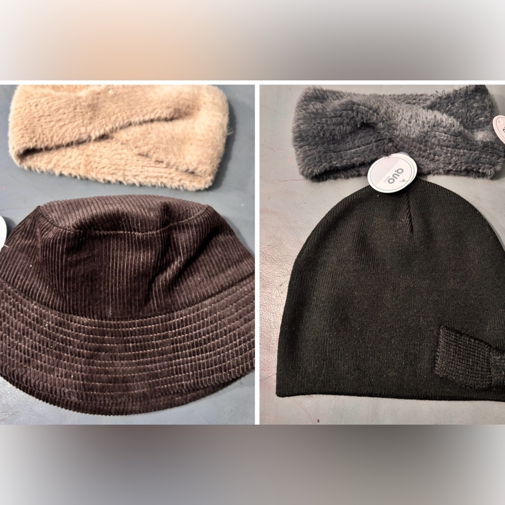 NWT Set of 4: Cordroy Bucket Hat, fleece Headbands and Black Beanie Hat